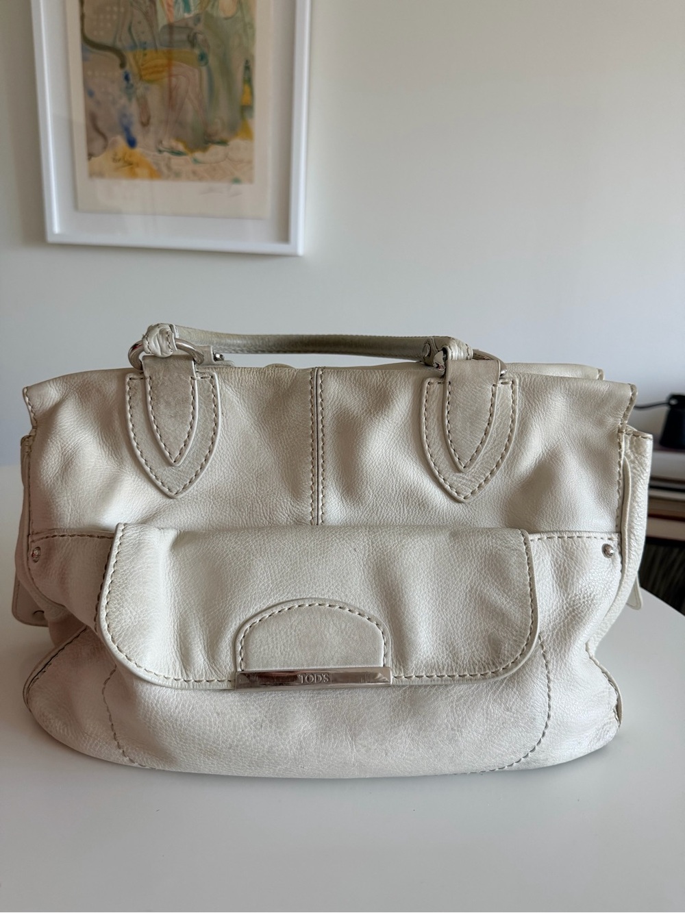 TOD'S Cream Leather Satchel with Front Flap Pocket